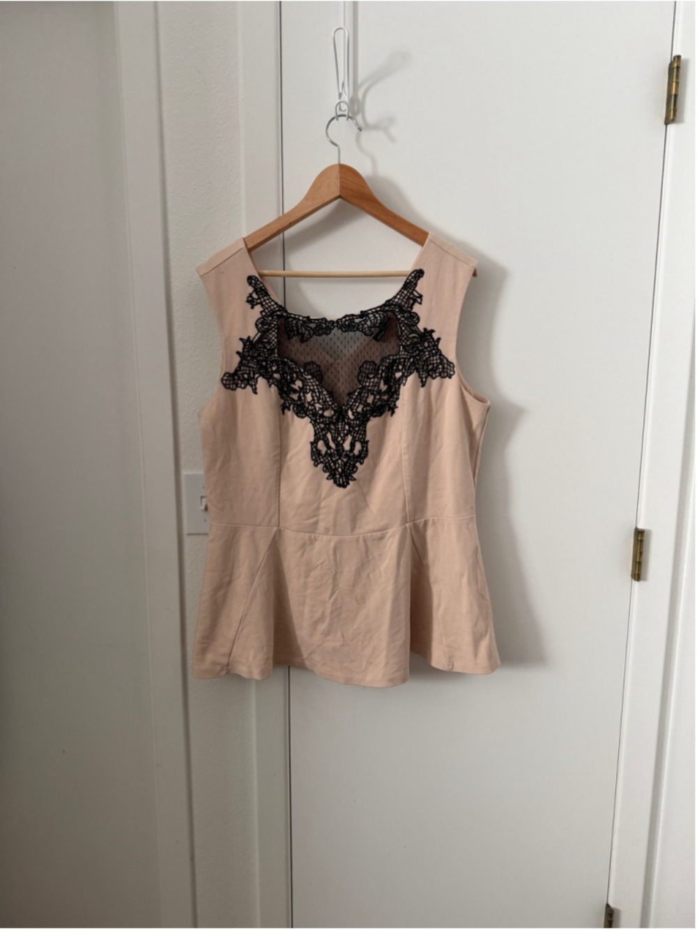 City Chic Womens L Plus Size Blush Black Lace Peplum Sleeveless Top Mesh Illusio